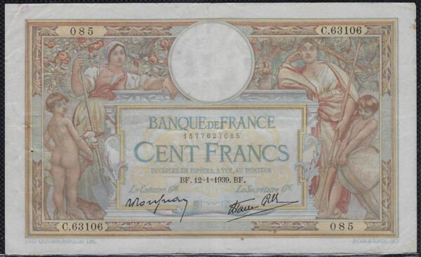 FRANCE 100 FRANCS MERSON SANS LOM 12-1-1939 C.63106 TTB