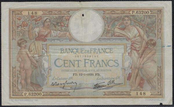 FRANCE 100 FRANCS MERSON SANS LOM 12-1-1939 P.63200 TB+