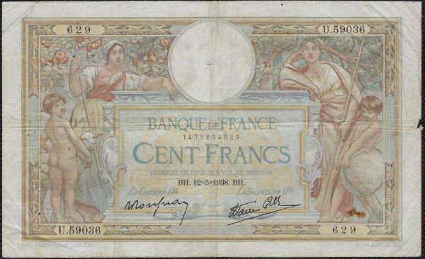 FRANCE 100 FRANCS MERSON SANS LOM 12-5-1938 U.59036 TB+