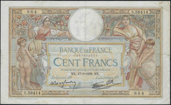 FRANCE 100 FRANCS MERSON SANS LOM 17-3-1938 S.58414 TTB