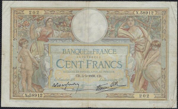 FRANCE 100 FRANCS MERSON SANS LOM 5-5-1938 X.58912 TB+