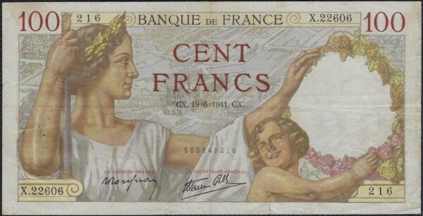 FRANCE 100 FRANCS SULLY 19-6-1941 X.22606 TTB