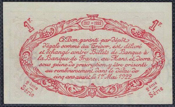 72 SARTHE - 1 FRANC CHAMBRE DE COMMERCE DU MANS 1 MARS 1917 2ème série SPL