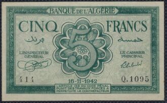ALGERIE 5 FRANCS 16-11-1942 SERIE Q.1095 SPL