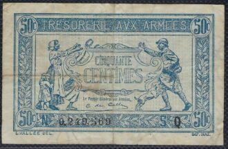 FRANCE 50 CENTIMES TRESORERIE AUX ARMEES Type 1917 SERIE Q TTB