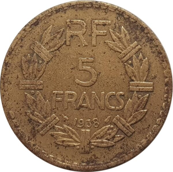 FRANCE 5 FRANCS LAVRILLIER Bronze-Alu 1938 TB+