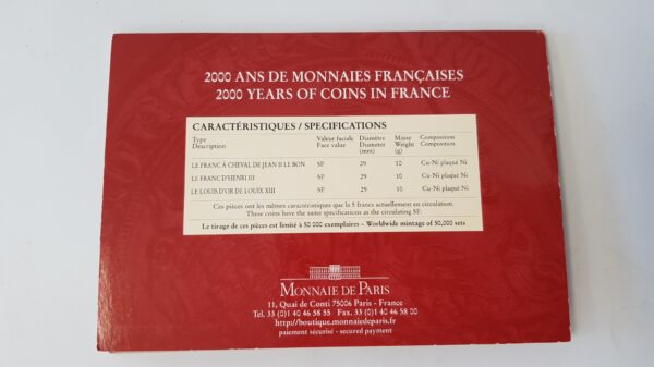FRANCE COFFRET B.U. 2000 ANS DE MONNAIES FRANCAISES 3 x 5 FRANCS 2000 JEAN II HENRI III LOUIS XIII